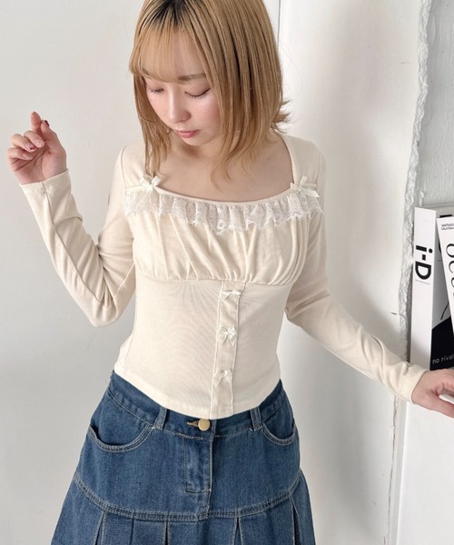 Loueme(ルエム)の「リボンレースコルセットトップス(Tシャツ/カットソー・レディース・グレー/アイボリー/ライトブルー/ピンク・FREE)」の10枚目の写真