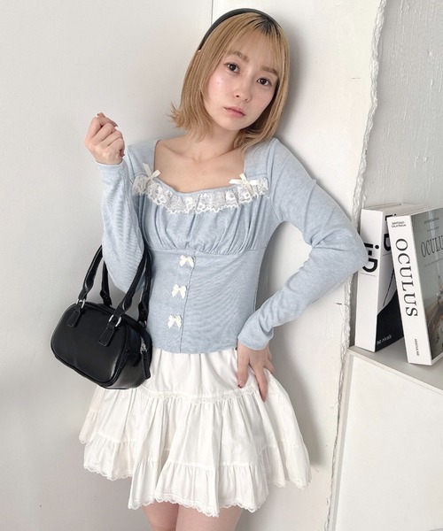 Loueme(ルエム)の「リボンレースコルセットトップス(Tシャツ/カットソー・レディース・グレー/アイボリー/ライトブルー/ピンク・FREE)」の15枚目の写真
