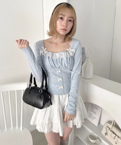 Loueme(ルエム)の「リボンレースコルセットトップス(Tシャツ/カットソー・レディース・グレー/アイボリー/ライトブルー/ピンク・FREE)」の16枚目の写真