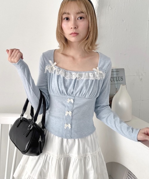 Loueme(ルエム)の「リボンレースコルセットトップス(Tシャツ/カットソー・レディース・グレー/アイボリー/ライトブルー/ピンク・FREE)」の14枚目の写真