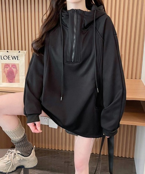 SallyLunn(サリーラン)の「ハーフジップフードゆるスウェット(スウェット・レディース・ブラウン/スミクロ・MEDIUM/LARGE)」の1枚目の写真