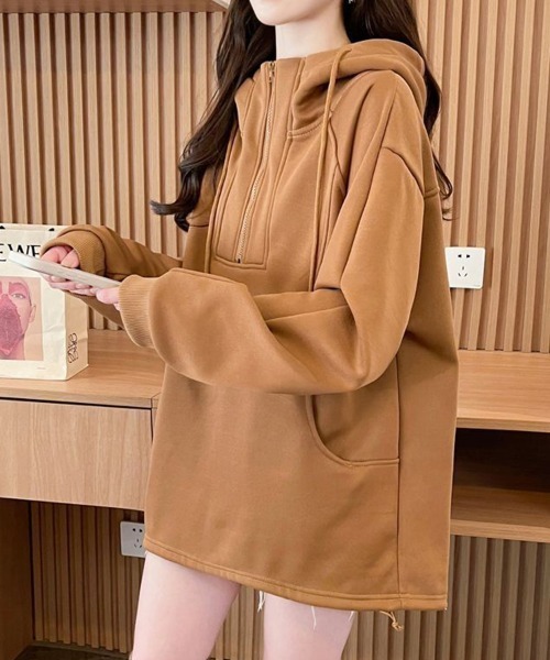 SallyLunn(サリーラン)の「ハーフジップフードゆるスウェット(スウェット・レディース・ブラウン/スミクロ・MEDIUM/LARGE)」の11枚目の写真