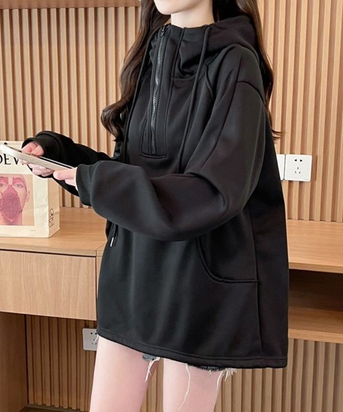 SallyLunn(サリーラン)の「ハーフジップフードゆるスウェット(スウェット・レディース・ブラウン/スミクロ・MEDIUM/LARGE)」の4枚目の写真