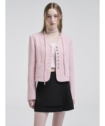 V-Neck Strap Tweed Jacket, Pink