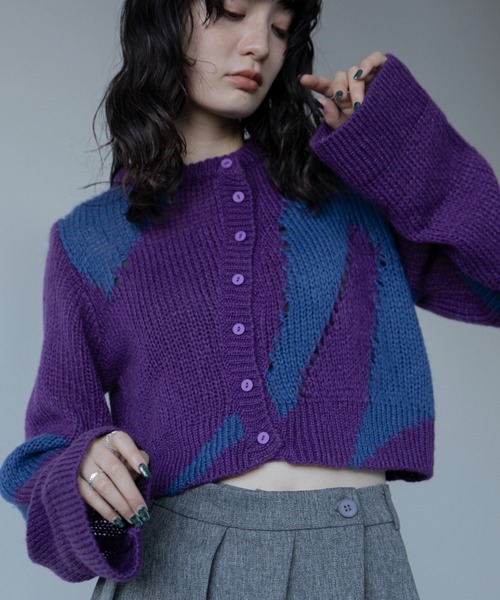 ウェーブ配色透かし編みカーディガン（カーディガン/ボレロ）｜VACANCY