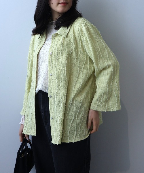leswel(レスウェル)の「【L~5L 大きいサイズ】シャーリングジャガードニットシャツ(Tシャツ/カットソー・レディース・グリーン/ブラウン・L/LL/3L/4L/5L)」の7枚目の写真