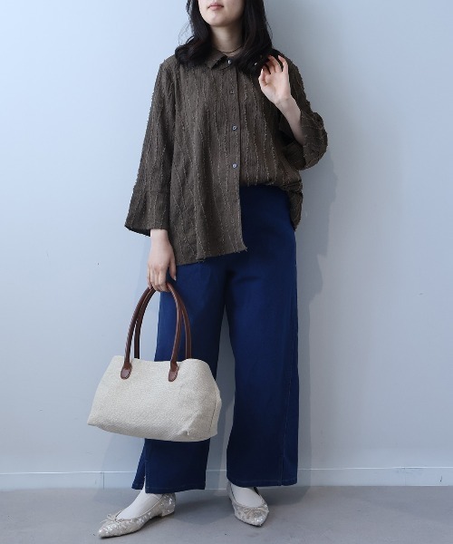 leswel(レスウェル)の「【L~5L 大きいサイズ】シャーリングジャガードニットシャツ(Tシャツ/カットソー・レディース・グリーン/ブラウン・L/LL/3L/4L/5L)」の9枚目の写真