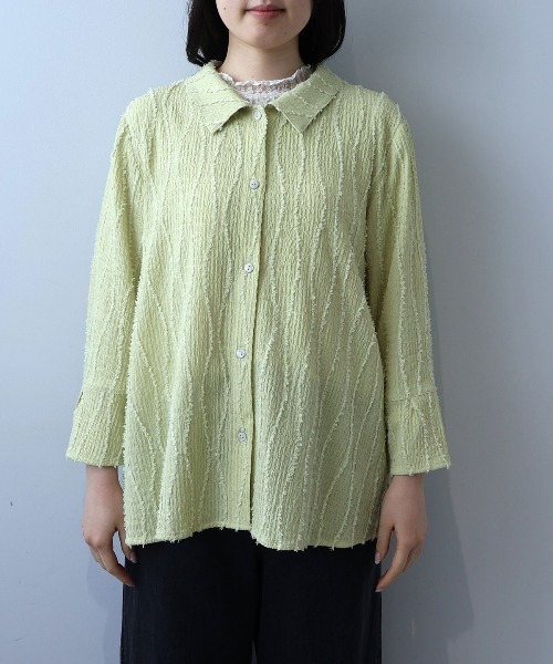 leswel(レスウェル)の「【L~5L 大きいサイズ】シャーリングジャガードニットシャツ(Tシャツ/カットソー・レディース・グリーン/ブラウン・L/LL/3L/4L/5L)」の13枚目の写真