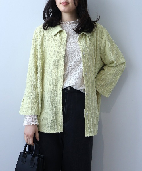 leswel(レスウェル)の「【L~5L 大きいサイズ】シャーリングジャガードニットシャツ(Tシャツ/カットソー・レディース・グリーン/ブラウン・L/LL/3L/4L/5L)」の5枚目の写真