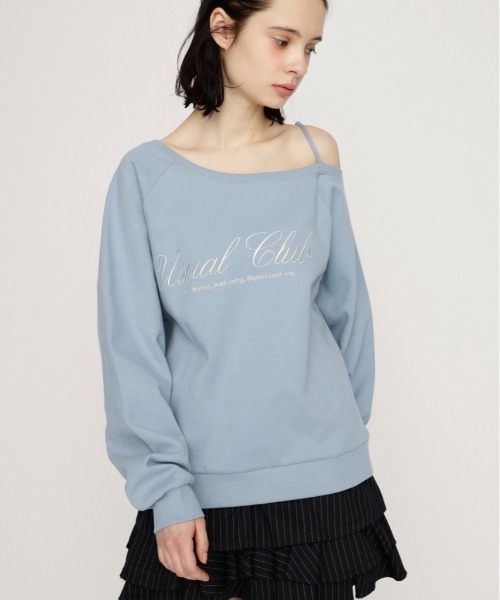 SLY（スライ）の「OFF SHOULDER LOGO TOPS オフショルダーロゴトップス 春服（ニット/セーター・レディース・ブラック/ライトブルー/杢グレー・FREE）」の3枚目の写真
