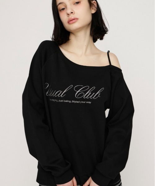 SLY（スライ）の「OFF SHOULDER LOGO TOPS オフショルダーロゴトップス 春服（ニット/セーター・レディース・ブラック/ライトブルー/杢グレー・FREE）」の2枚目の写真