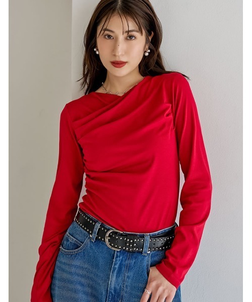Re:EDIT（リエディ）の「[2026S/S COLLECTION]アンチピリングカシュクールドレープトップス（Tシャツ/カットソー・レディース・ブラウン/レッド/ライトブルー/アイボリー/ブラック/杢グレー・LARGE/MEDIUM）」の6枚目の写真