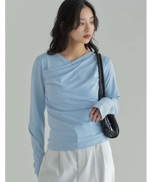 Re:EDIT（リエディ）の「[2026S/S COLLECTION]アンチピリングカシュクールドレープトップス（Tシャツ/カットソー・レディース・ブラウン/レッド/ライトブルー/アイボリー/ブラック/杢グレー・LARGE/MEDIUM）」の5枚目の写真