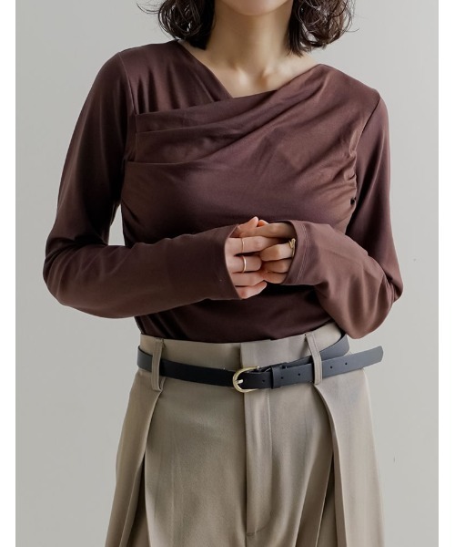 Re:EDIT（リエディ）の「[2026S/S COLLECTION]アンチピリングカシュクールドレープトップス（Tシャツ/カットソー・レディース・ブラウン/レッド/ライトブルー/アイボリー/ブラック/杢グレー・LARGE/MEDIUM）」の9枚目の写真
