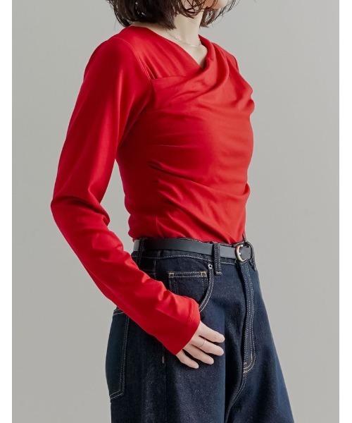 Re:EDIT（リエディ）の「[2026S/S COLLECTION]アンチピリングカシュクールドレープトップス（Tシャツ/カットソー・レディース・ブラウン/レッド/ライトブルー/アイボリー/ブラック/杢グレー・LARGE/MEDIUM）」の11枚目の写真