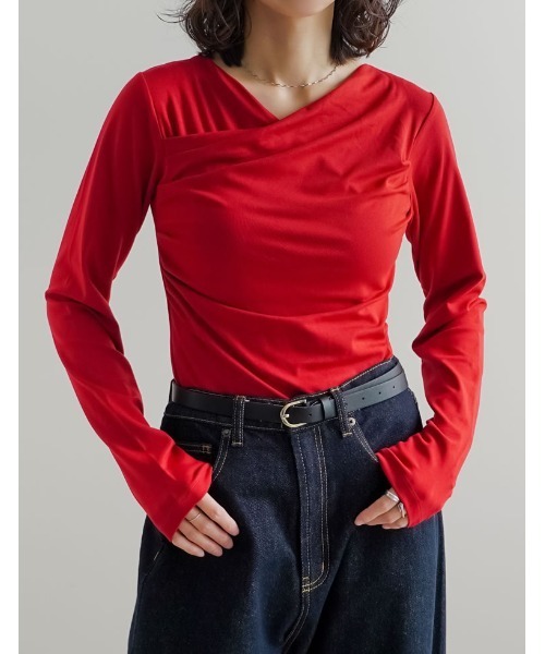 Re:EDIT（リエディ）の「[2026S/S COLLECTION]アンチピリングカシュクールドレープトップス（Tシャツ/カットソー・レディース・ブラウン/レッド/ライトブルー/アイボリー/ブラック/杢グレー・LARGE/MEDIUM）」の13枚目の写真