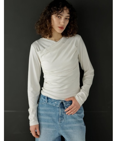 Re:EDIT（リエディ）の「[2026S/S COLLECTION]アンチピリングカシュクールドレープトップス（Tシャツ/カットソー・レディース・ブラウン/レッド/ライトブルー/アイボリー/ブラック/杢グレー・LARGE/MEDIUM）」の14枚目の写真