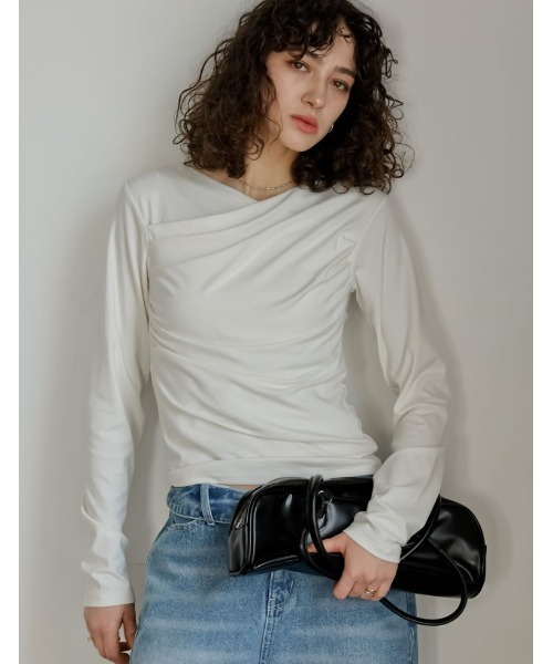 Re:EDIT（リエディ）の「[2026S/S COLLECTION]アンチピリングカシュクールドレープトップス（Tシャツ/カットソー・レディース・ブラウン/レッド/ライトブルー/アイボリー/ブラック/杢グレー・LARGE/MEDIUM）」の18枚目の写真