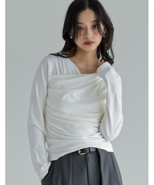 Re:EDIT（リエディ）の「[2026S/S COLLECTION]アンチピリングカシュクールドレープトップス（Tシャツ/カットソー・レディース・ブラウン/レッド/ライトブルー/アイボリー/ブラック/杢グレー・LARGE/MEDIUM）」の19枚目の写真