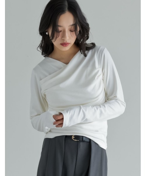 Re:EDIT（リエディ）の「[2026S/S COLLECTION]アンチピリングカシュクールドレープトップス（Tシャツ/カットソー・レディース・ブラウン/レッド/ライトブルー/アイボリー/ブラック/杢グレー・LARGE/MEDIUM）」の21枚目の写真