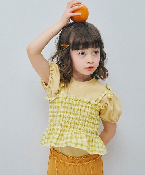 p.premier（ピードットプルミエ）の「先染めチェックのシャーリングビスチェ&トップスセット（Tシャツ/カットソー・キッズ・イエロー/グリーン/レッド/ブラック・80/90/100/110/120/130/140）」の4枚目の写真