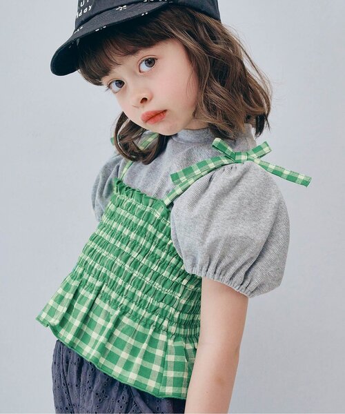 p.premier（ピードットプルミエ）の「先染めチェックのシャーリングビスチェ&トップスセット（Tシャツ/カットソー・キッズ・イエロー/グリーン/レッド/ブラック・80/90/100/110/120/130/140）」の3枚目の写真