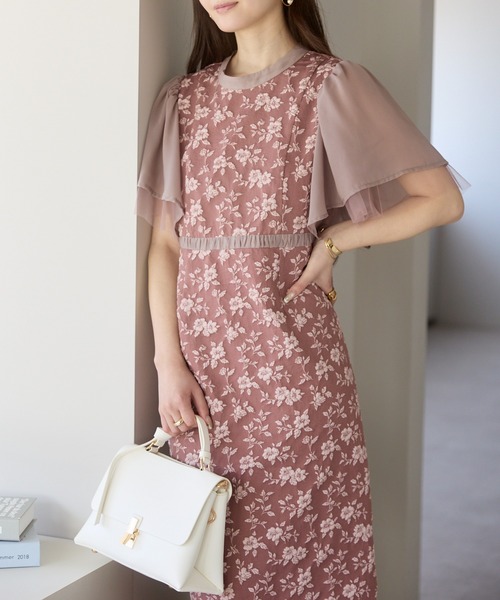 PREFERIR(プレフェリール)の「【結婚式・お呼ばれ】花柄ジャカードフレアスリーブロングドレス(ドレス・レディース・ネイビー/モカ/ブルー・SMALL/MEDIUM/LARGE/X-LARGE)」の5枚目の写真