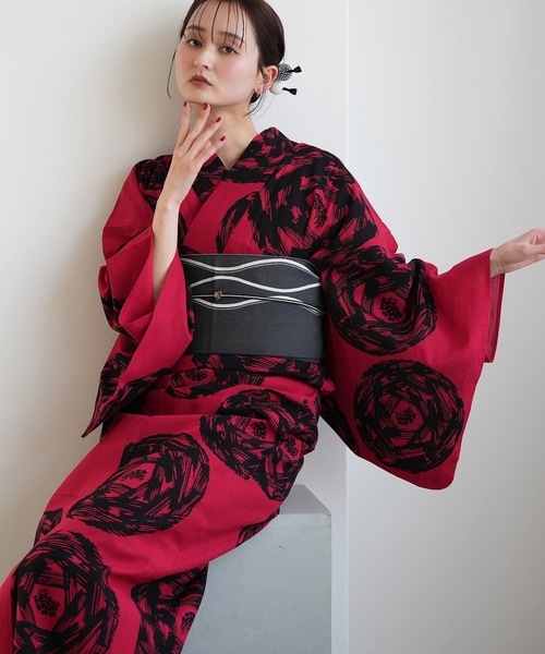 手染め注染浴衣3点セット utatane×注染工房 赤に漆黒 緋輪