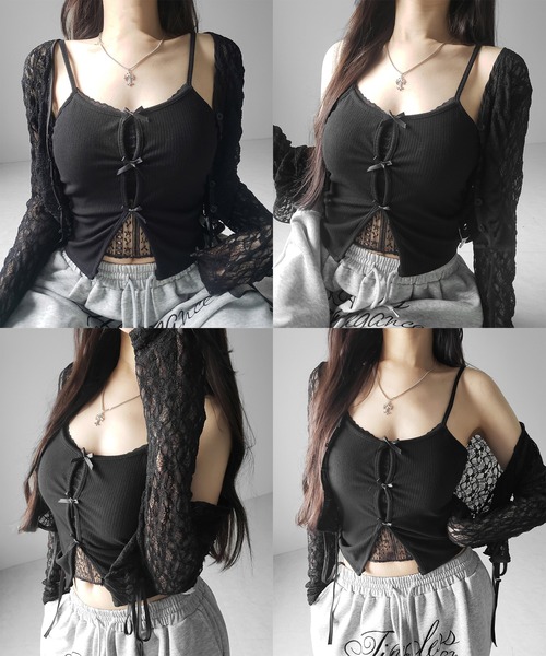me+em select(ミームセレクト)の「【 3color 】フロントリボンレースレイヤードリブキャミソール /Front ribbon lace layered ribbed camisole(キャミソール・レディース・グレー/ブラック・FREE)」の3枚目の写真