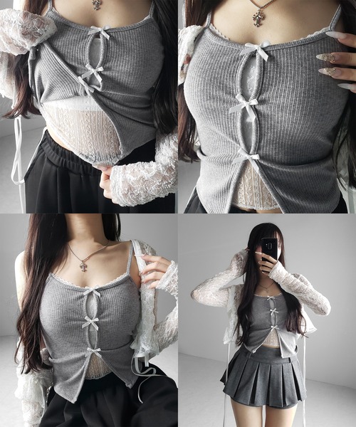 me+em select(ミームセレクト)の「【 3color 】フロントリボンレースレイヤードリブキャミソール /Front ribbon lace layered ribbed camisole(キャミソール・レディース・グレー/ブラック・FREE)」の4枚目の写真