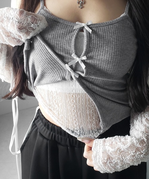 me+em select(ミームセレクト)の「【 3color 】フロントリボンレースレイヤードリブキャミソール /Front ribbon lace layered ribbed camisole(キャミソール・レディース・グレー/ブラック・FREE)」の6枚目の写真