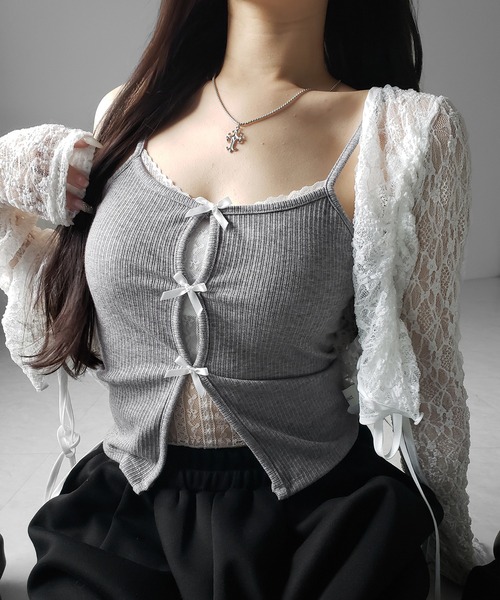 me+em select(ミームセレクト)の「【 3color 】フロントリボンレースレイヤードリブキャミソール /Front ribbon lace layered ribbed camisole(キャミソール・レディース・グレー/ブラック・FREE)」の9枚目の写真