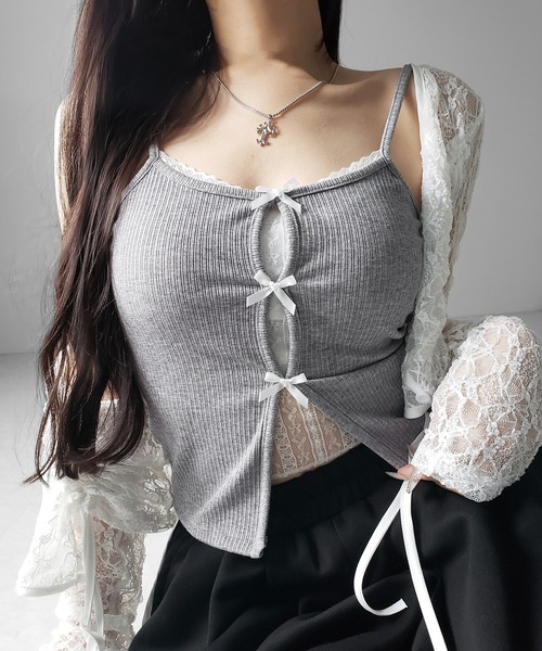 me+em select(ミームセレクト)の「【 3color 】フロントリボンレースレイヤードリブキャミソール /Front ribbon lace layered ribbed camisole(キャミソール・レディース・グレー/ブラック・FREE)」の12枚目の写真