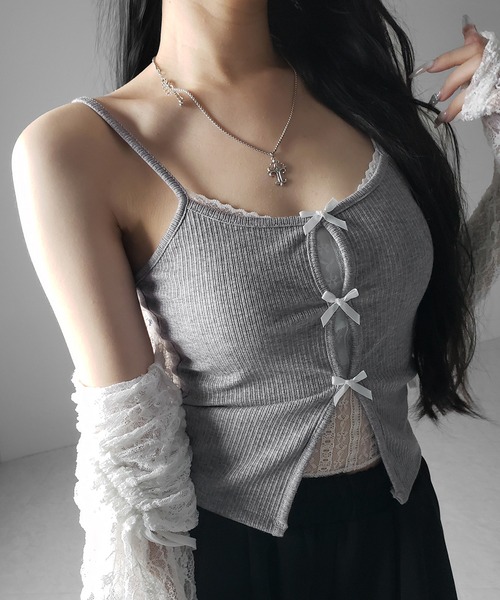 me+em select(ミームセレクト)の「【 3color 】フロントリボンレースレイヤードリブキャミソール /Front ribbon lace layered ribbed camisole(キャミソール・レディース・グレー/ブラック・FREE)」の15枚目の写真