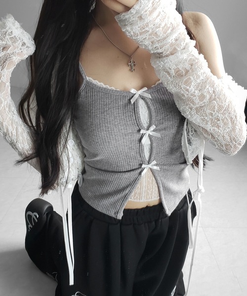 me+em select(ミームセレクト)の「【 3color 】フロントリボンレースレイヤードリブキャミソール /Front ribbon lace layered ribbed camisole(キャミソール・レディース・グレー/ブラック・FREE)」の18枚目の写真