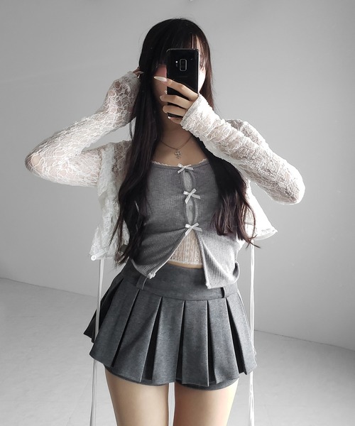 me+em select(ミームセレクト)の「【 3color 】フロントリボンレースレイヤードリブキャミソール /Front ribbon lace layered ribbed camisole(キャミソール・レディース・グレー/ブラック・FREE)」の19枚目の写真