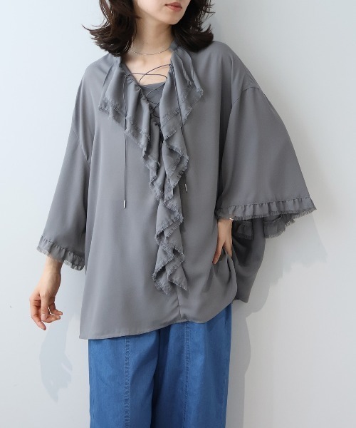 leswel(レスウェル)の「【M/L】フリンジフリルレースアップブラウス(シャツ/ブラウス・レディース・ベージュ/カーキ/チャコールグレー・M/L)」の7枚目の写真
