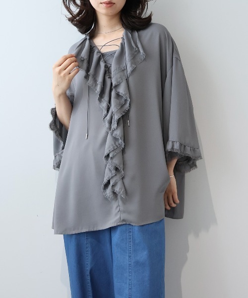 leswel(レスウェル)の「【M/L】フリンジフリルレースアップブラウス(シャツ/ブラウス・レディース・ベージュ/カーキ/チャコールグレー・M/L)」の8枚目の写真