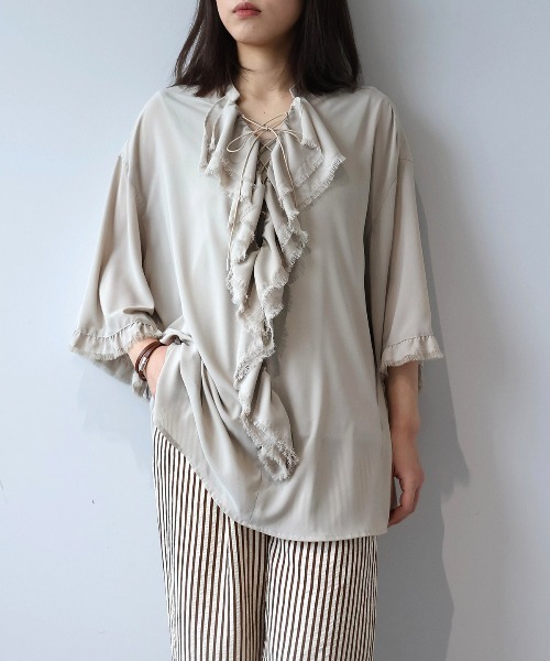 leswel(レスウェル)の「【M/L】フリンジフリルレースアップブラウス(シャツ/ブラウス・レディース・ベージュ/カーキ/チャコールグレー・M/L)」の18枚目の写真