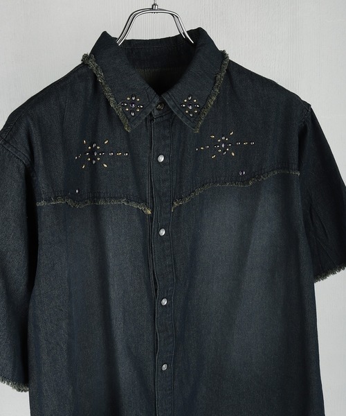 WESTSEA(ウエストシー)の「スタッズデザイン デニムシャツ 半袖 ビッグシルエット ヴィンテージ加工(シャツ/ブラウス・メンズ・ネイビー/ブラック・L/M)」の1枚目の写真
