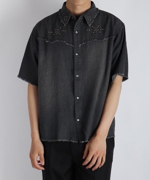 WESTSEA(ウエストシー)の「スタッズデザイン デニムシャツ 半袖 ビッグシルエット ヴィンテージ加工(シャツ/ブラウス・メンズ・ネイビー/ブラック・L/M)」の22枚目の写真