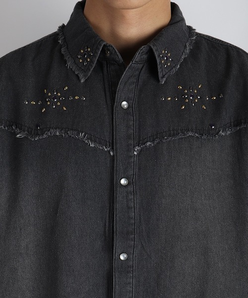 WESTSEA(ウエストシー)の「スタッズデザイン デニムシャツ 半袖 ビッグシルエット ヴィンテージ加工(シャツ/ブラウス・メンズ・ネイビー/ブラック・L/M)」の18枚目の写真