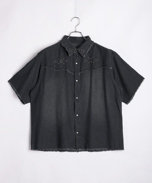 WESTSEA(ウエストシー)の「スタッズデザイン デニムシャツ 半袖 ビッグシルエット ヴィンテージ加工(シャツ/ブラウス・メンズ・ネイビー/ブラック・L/M)」の15枚目の写真