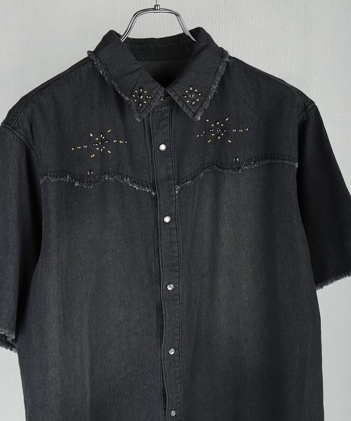 WESTSEA(ウエストシー)の「スタッズデザイン デニムシャツ 半袖 ビッグシルエット ヴィンテージ加工(シャツ/ブラウス・メンズ・ネイビー/ブラック・L/M)」の16枚目の写真