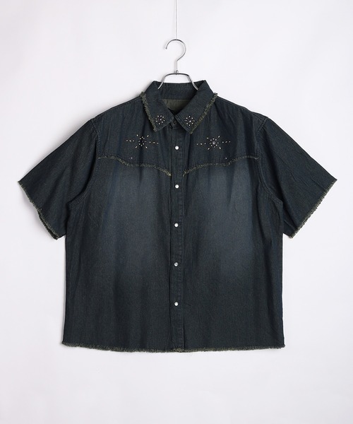 WESTSEA(ウエストシー)の「スタッズデザイン デニムシャツ 半袖 ビッグシルエット ヴィンテージ加工(シャツ/ブラウス・メンズ・ネイビー/ブラック・L/M)」の11枚目の写真