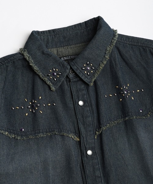 WESTSEA(ウエストシー)の「スタッズデザイン デニムシャツ 半袖 ビッグシルエット ヴィンテージ加工(シャツ/ブラウス・メンズ・ネイビー/ブラック・L/M)」の8枚目の写真