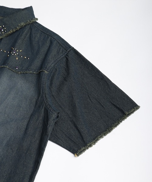 WESTSEA(ウエストシー)の「スタッズデザイン デニムシャツ 半袖 ビッグシルエット ヴィンテージ加工(シャツ/ブラウス・メンズ・ネイビー/ブラック・L/M)」の7枚目の写真