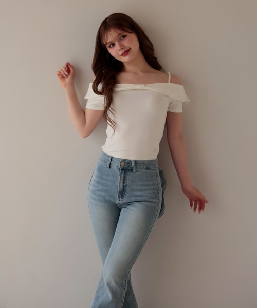 M DOLLY(エムドリー)の「Ribbon ruby off shoulder tops / リボンルビーオフショルダートップス(Tシャツ/カットソー・レディース・グレー/ホワイト/ピンク・FREE)」の5枚目の写真