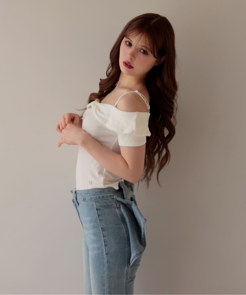 M DOLLY(エムドリー)の「Ribbon ruby off shoulder tops / リボンルビーオフショルダートップス(Tシャツ/カットソー・レディース・グレー/ホワイト/ピンク・FREE)」の7枚目の写真