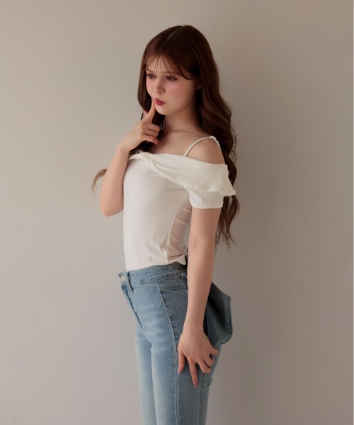 M DOLLY(エムドリー)の「Ribbon ruby off shoulder tops / リボンルビーオフショルダートップス(Tシャツ/カットソー・レディース・グレー/ホワイト/ピンク・FREE)」の8枚目の写真